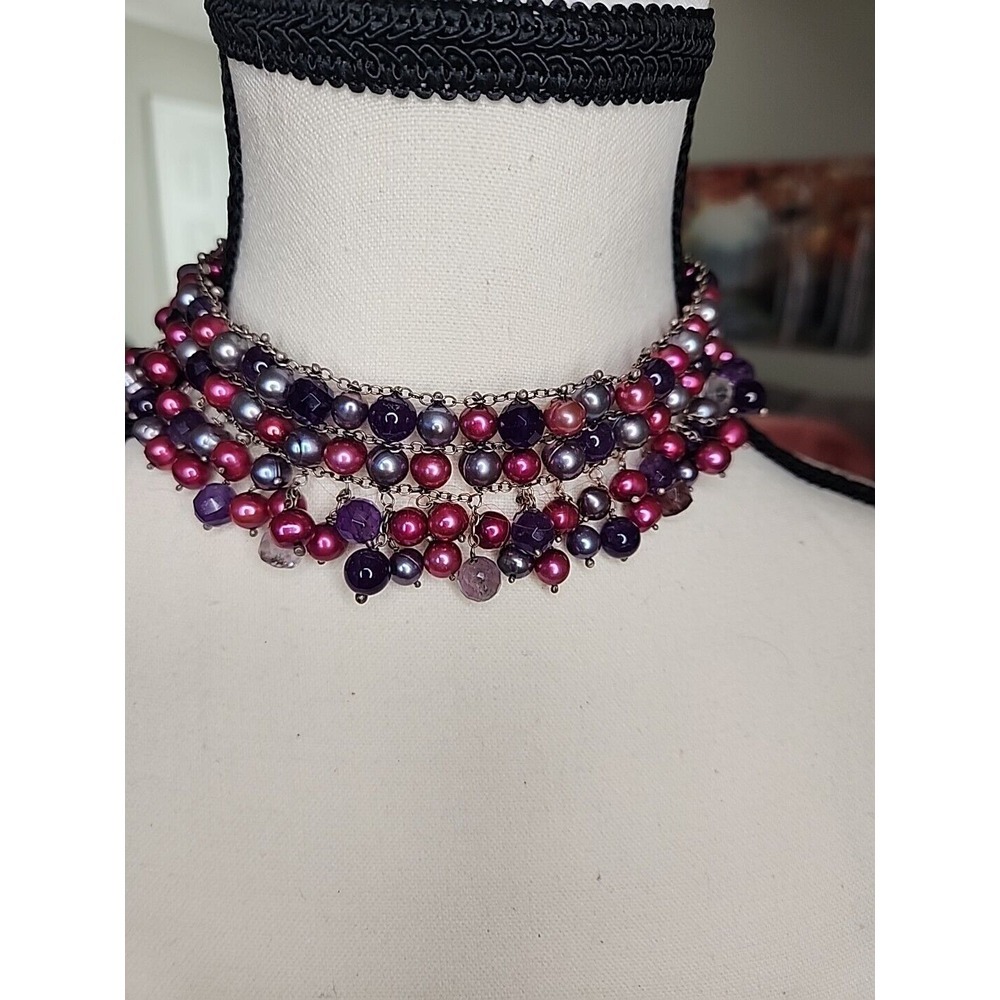 Purple Burgundy Faux Pearl Beaded Multi Strand Bib Choker Necklace Gunmetal Tone - Picture 3 of 5